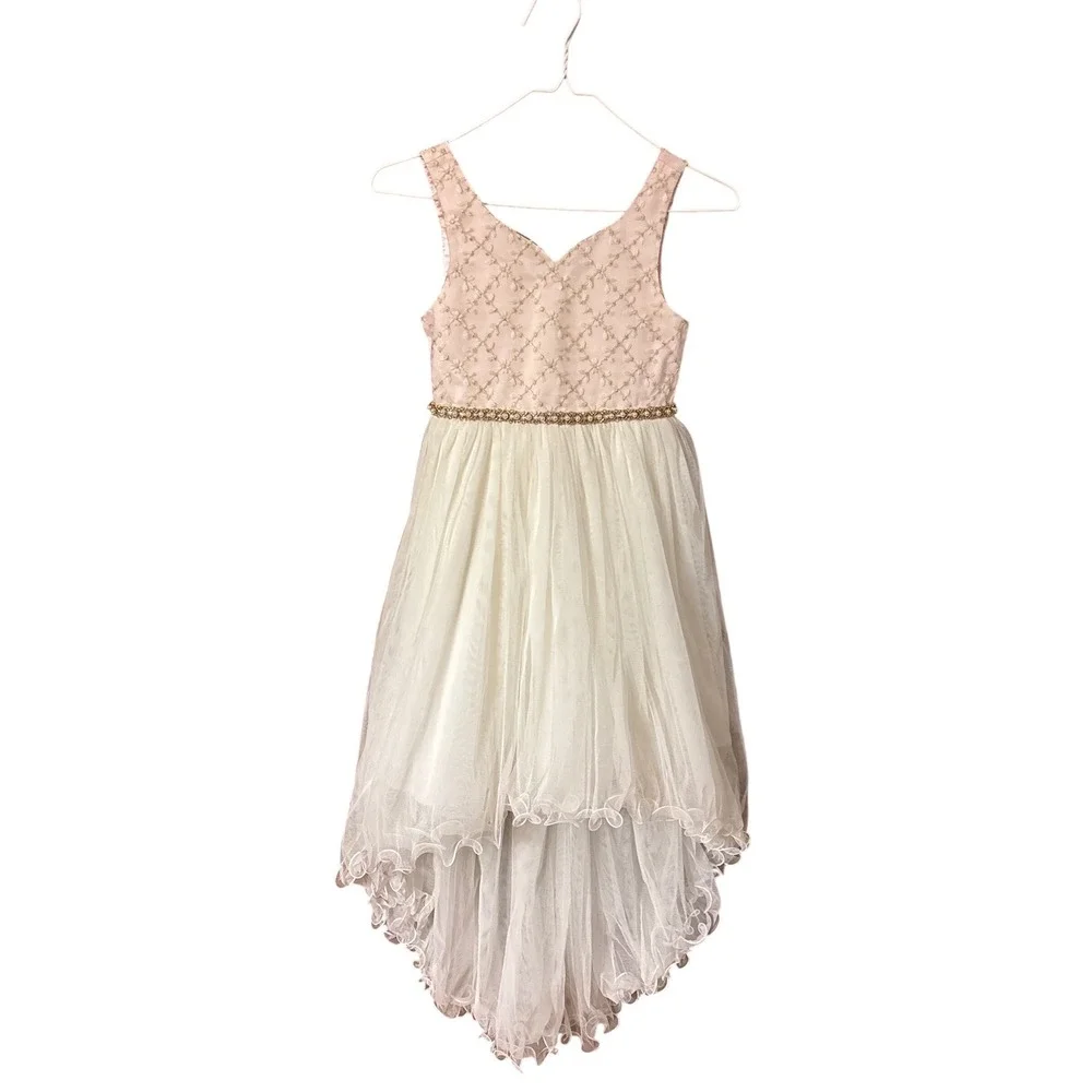 American Princess Girls Pink White Tulle High Low Flower Girl Party Dress Size 8